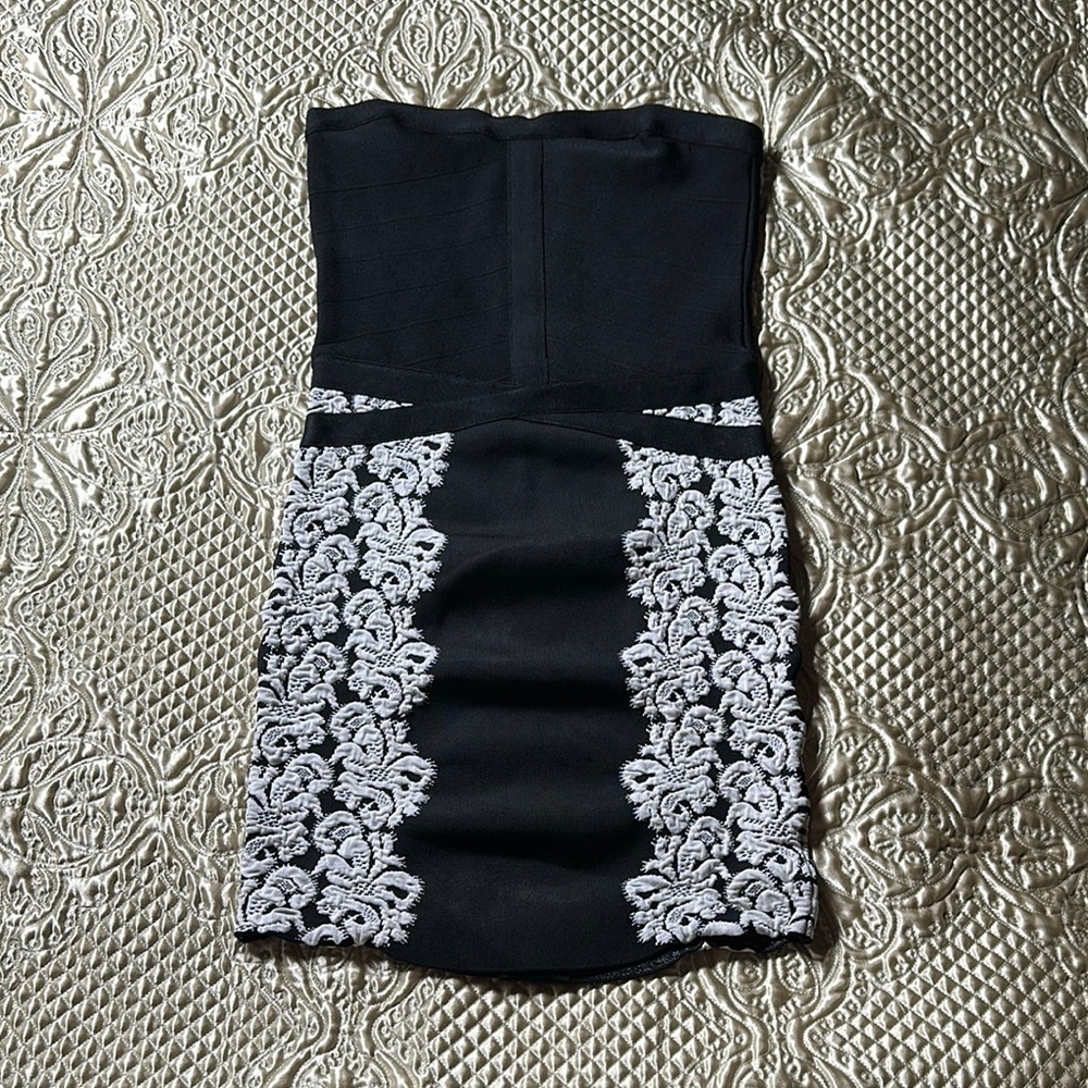 Bebe Black and White Strapless Bodycon Dress